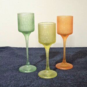 Crackle Glass PartyLite Stemmed Candle Holder Set – Green, Yellow & Orange